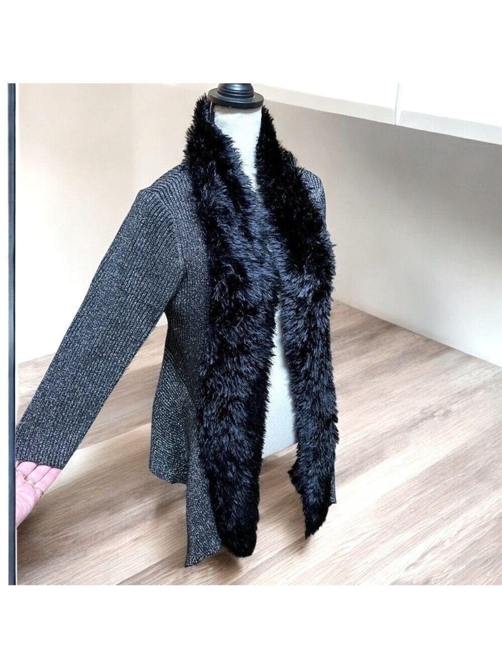 Lauren Michelle-Medium silver threads sweater w/black faux fur trim. EUC!!